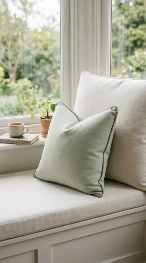 14 Curtained Window Reading Nook Soft Dreamy Corner Ideas 11 11. Pale Sage Throw Pillow With Delicate Piping