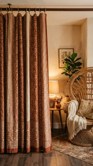 17 Small Reading Nook Cozy Corner Boho Woven Warmth 11 11. Patterned Textile Curtain Panel
