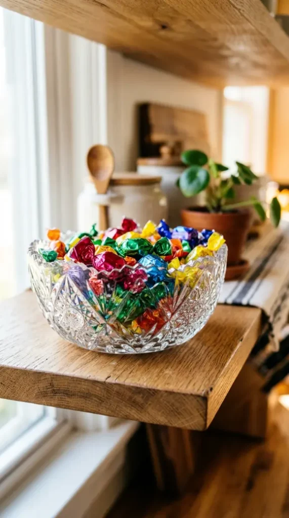 15 Nostalgic Open Shelf Dopamine Kitchen Display Ideas 11 11. Pressed Glass Candy Dish Filled with Wrapped Sweets