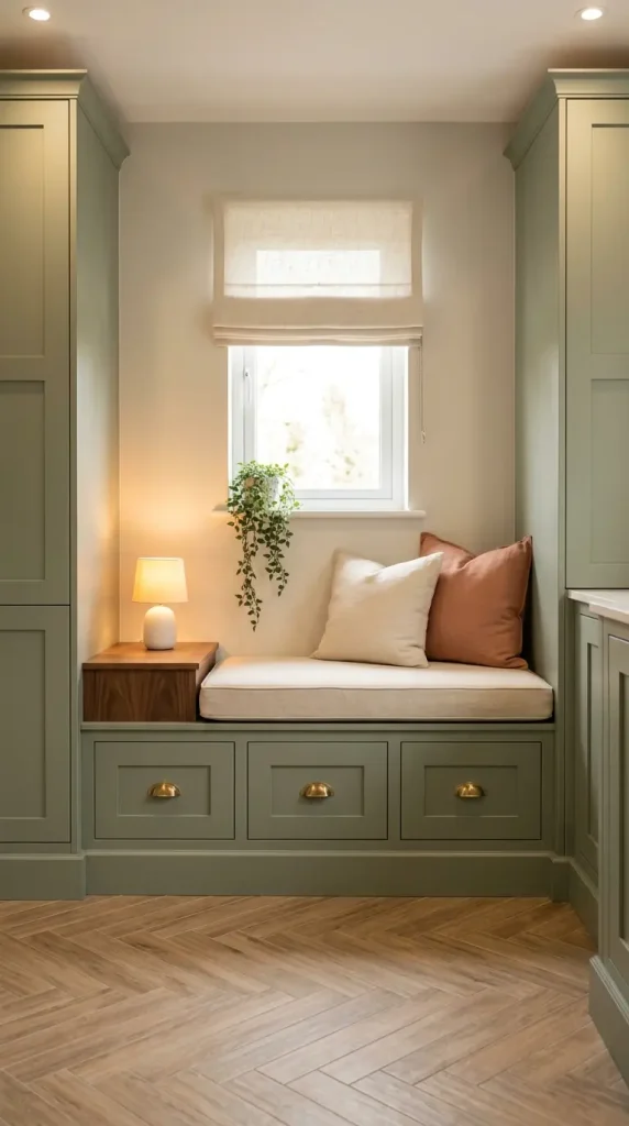 20 Luxury Laundry Room Ideas Sage Green Walnut Warm Style 11 11. Sage Green Laundry Room With Window Seat and Storage