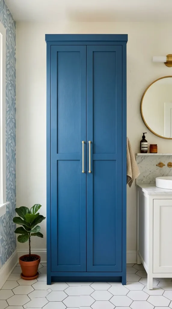 18 Jewel Tone Bathroom Ideas for a Luxurious Space 11 11. Sapphire Blue Freestanding Cabinet for Linens