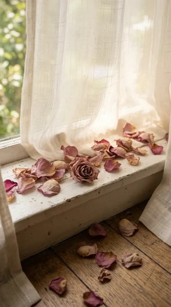 18 Romanticizing My Room Small Space Sheer Drapery Ideas 11 11. Scattered Rose Petals Along the Windowsill
