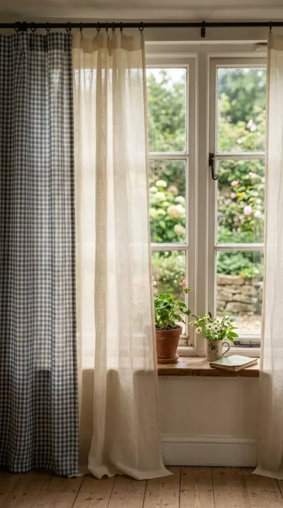 20 Summer Cottagecore Sunroom Gingham Sitting Corner 11 11. Sheer Linen Window Panels