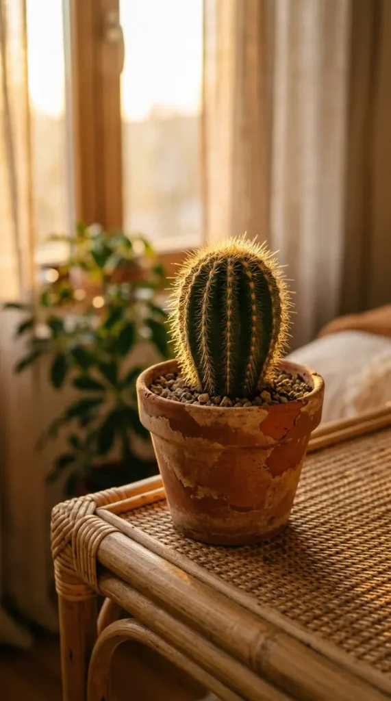 17 Golden Hour Bedroom Aesthetic Boho Floor Cushion Nook Ideas 11 11. Small Potted Cactus on the Low Table