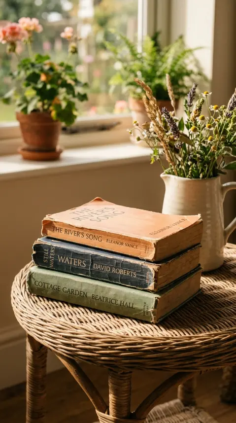 16 Summer Cottagecore Porch Swing Sitting Area Ideas 11 11. Stack of Well Worn Paperback Books