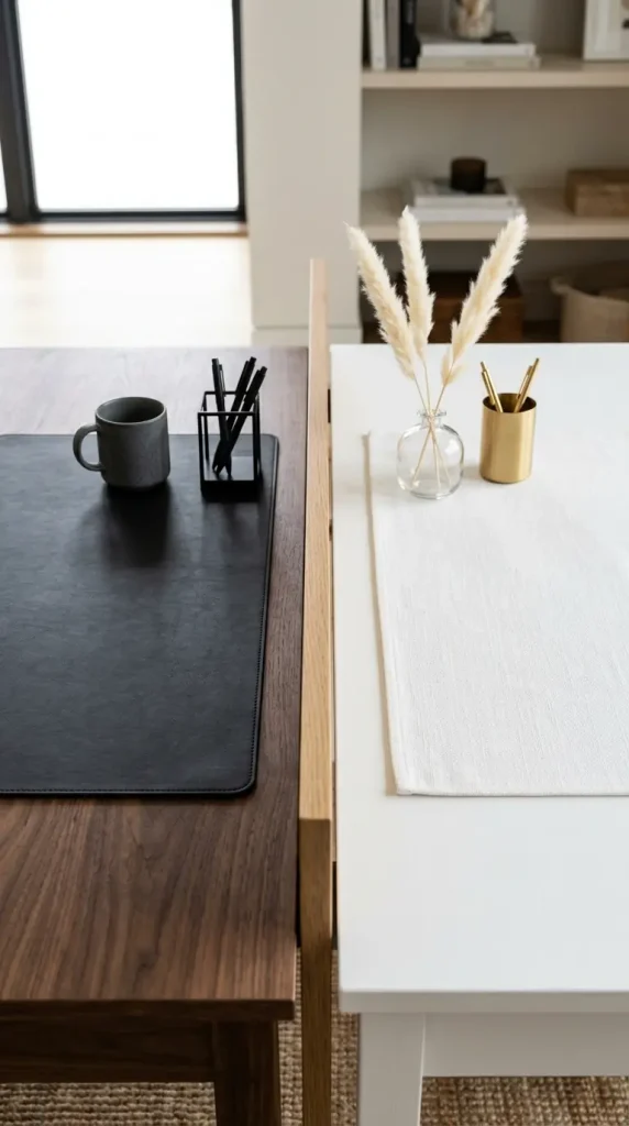 11 Office Room Ideas Shared Dual Desk His and Hers Style 11 11. Style Each Desk Surface With Three Objects Maximum