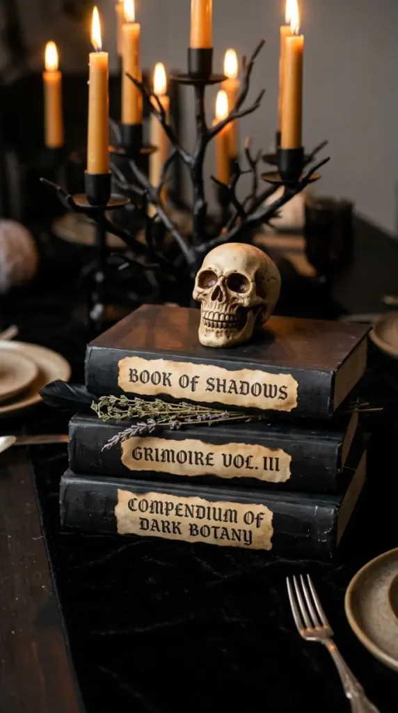 15 DIY Halloween Centerpieces Gothic Candelabra Dinner Table Look 11 11. Style a Gothic Spell Book Stack as a Centerpiece Side Element