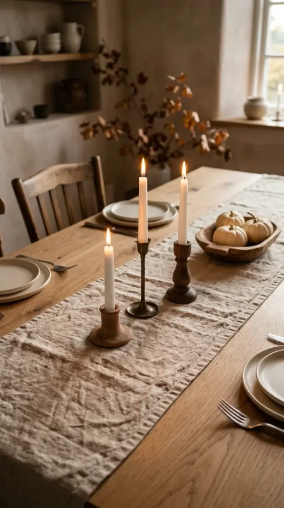 15 Fall Home Decor Ideas Scandinavian Minimal Warm Style 11 11. Style the Dining Table With a Simple Linen Runner and Candles