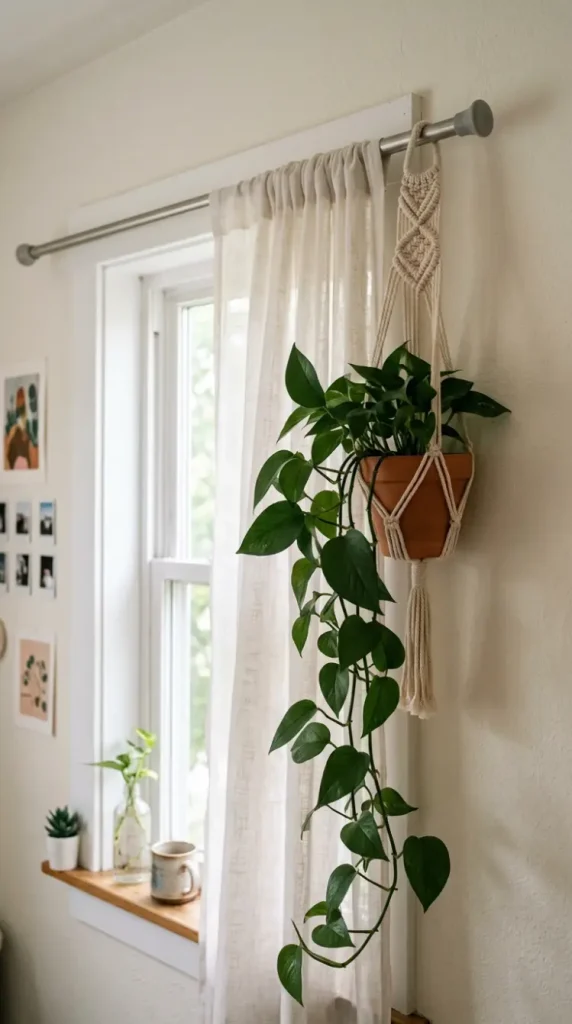 15 Small Apartment Window Reading Nook Renter Friendly Ideas 11 11. Tension Curtain Rod Doubling as a Plant Hanger