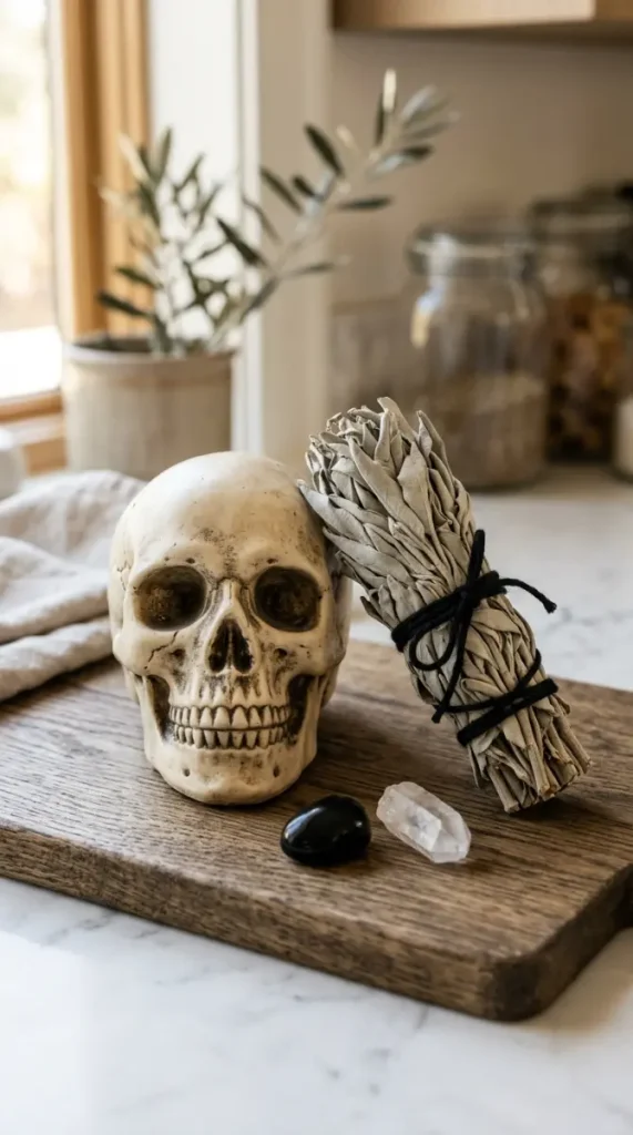 15 Chic Neutral Halloween Decor Kitchen Counter Style 11 11. The Aged Skull and Dried Sage Pairing