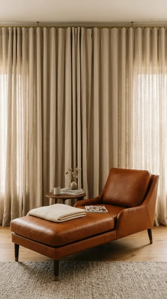 24 Chaise Lounge Modern Leather Statement Living Room 11 11. The Chaise with Floor-to-Ceiling Drapery Backdrop