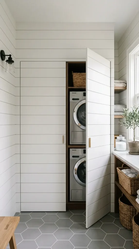 15 Laundry Room Designs Modern Farmhouse Shiplap and Warm Wood 11 11. The Concealed Appliances Behind Shiplap-Fronted Doors