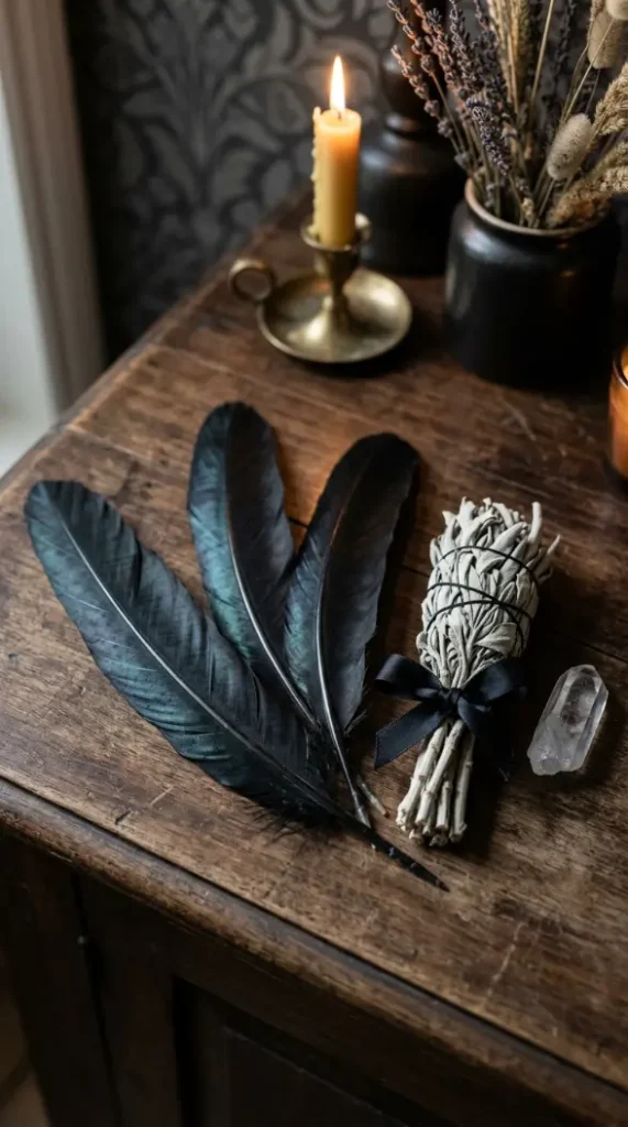 14 Neutral Halloween Decor Gothic Console Table Style 11 11. The Crow Feather and Dried Sage Detail