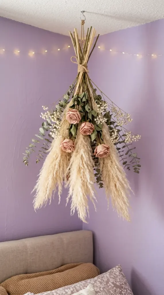 24 Apartment Bedroom Decor Pastel Dreamy Feminine Style 11 11. The Dried Flower Ceiling Installation