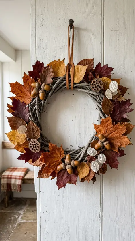 13 Rustic Fall Decorating Front Porch and Entryway Style 11 11. The Dried Leaf and Acorn Scattered Wreath
