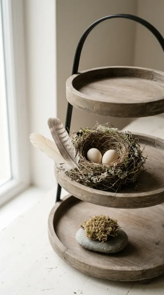 13 Neutral Fall Decor Ideas for Tiered Tray Vignette Style 11 11. The Feather and Nest Natural Accent