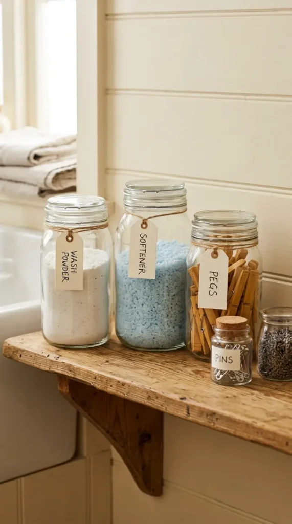 14 Laundry Room Bathroom Combo Warm Neutral Farmhouse Style 11 11. The Glass Jar Laundry Supply Organization