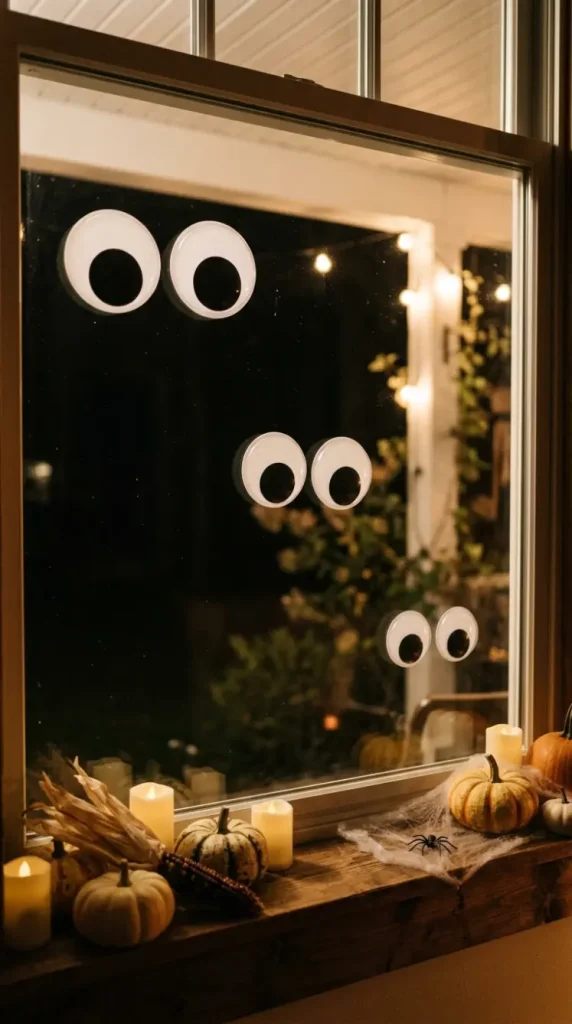 15 Dollar Tree Halloween Decor Window and Table Vignette Style 11 11. The Googly Eye Window Cling Effect
