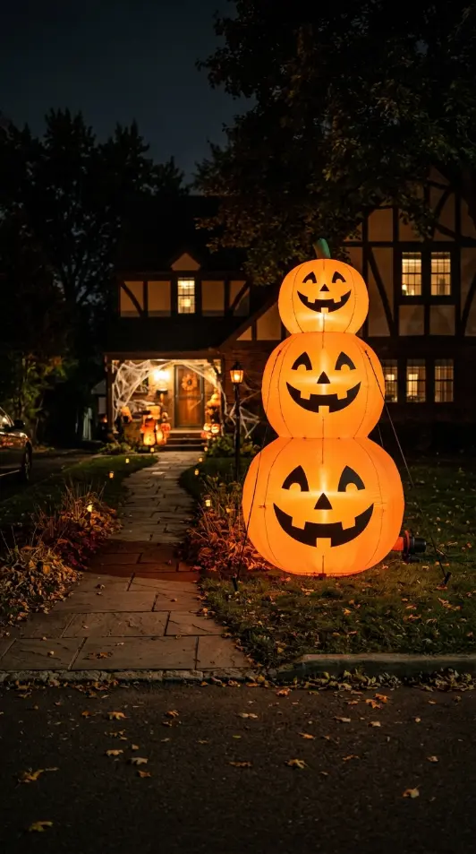 16 Outdoor Halloween Decorations Light-Up Pathway Night Style 11 11. The Lighted Inflatable Pumpkin Stack