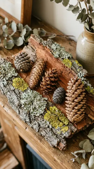 15 Fall Mantel Decor Ideas for a Botanical Nature Inspired Look 11 11. The Pinecone and Lichen Collection on Bark