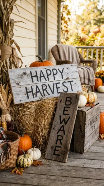 13 Outdoor Halloween Display Farmhouse Harvest Porch Style 11 11. The Reclaimed Wood Signs