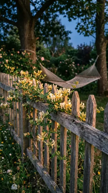 17 Summer Cottagecore Hammock Sitting Area Dusk Glow 11 11. Trailing Honeysuckle Vine on the Fence