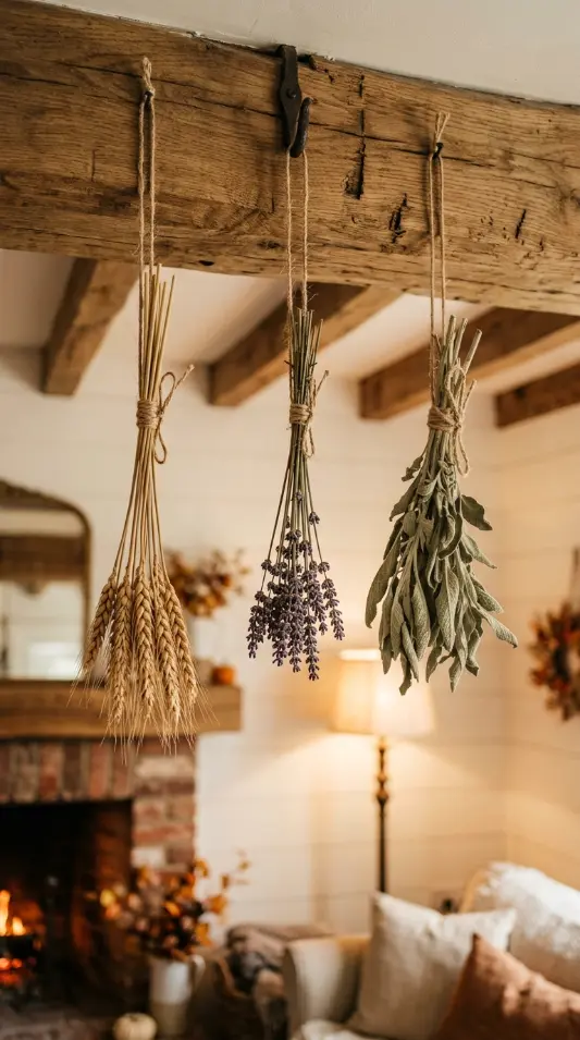 12 Rustic Fall Decorating Ideas Farmhouse Living Room 11 11. Twine-Tied Dried Botanicals as Hanging Accents