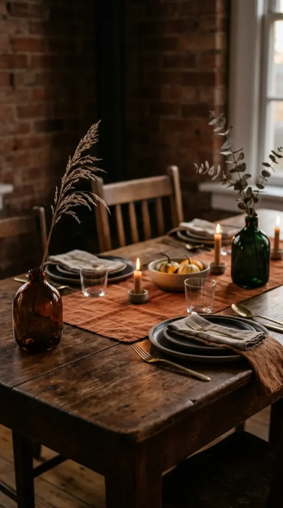 16 Small Moody Thanksgiving Table for Intimate Nights 11 11. Two Small Dark Bud Vases Holding Single Dried Stems Each