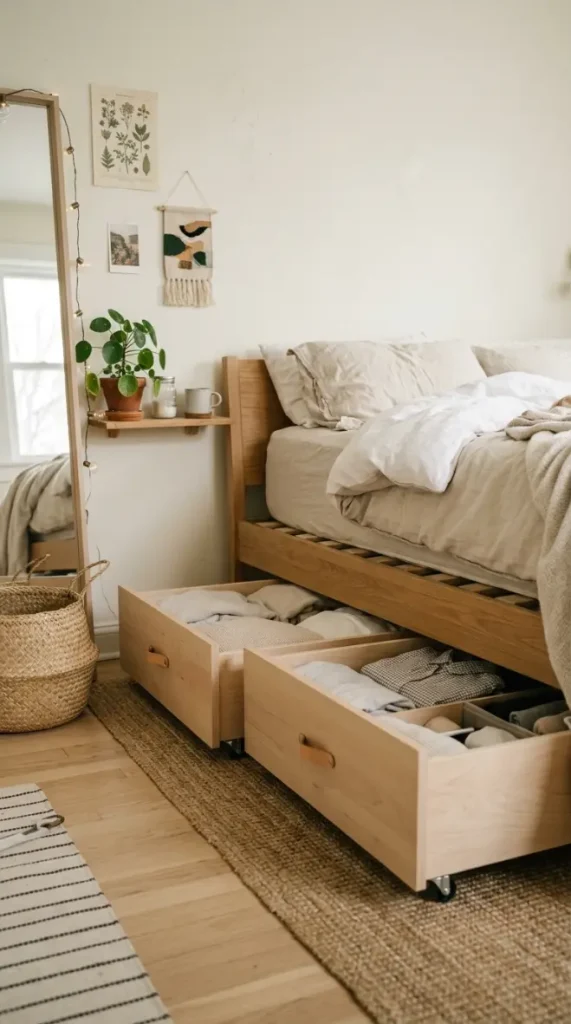 17 Small Bedroom Declutter Ideas for a Spacious Feel 11 11. Under Bed Rolling Drawers Instead of a Dresser