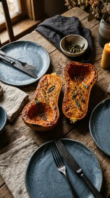 13 Blue and Orange Thanksgiving Table Ideas to Save 11 11. Wabi Sabi Slate Stoneware and a Split Roasted Squash