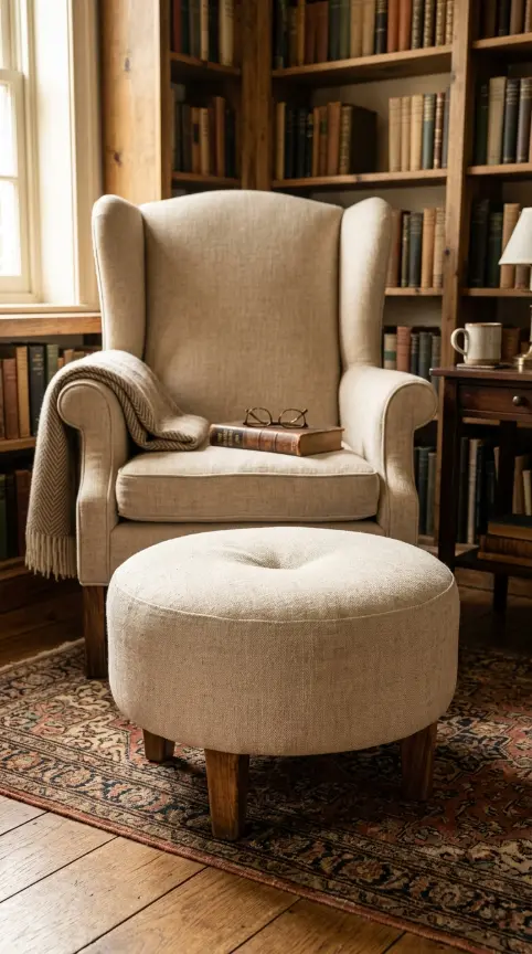 13 Light Linen Wingback Reading Chair Bookshelf Corner 11 11. Wool Footstool in Matching Linen
