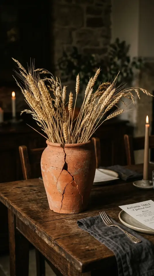 14 Moody Centerpiece Ideas for an Effortless Table 12 12. A Cracked Terracotta Pot Holding Dried Wheat Stalks