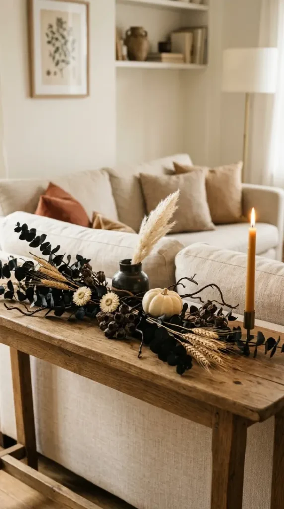 14 Chic Neutral Halloween Decor Ideas Living Room Style 12 12. A Dark Botanical Garland as a Sofa Table Styling Layer