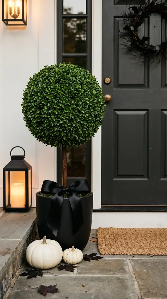 13 Easy Halloween Entryway Decor Black White Classic Style 12 12. A Faux Topiary in a Matte Black Pot With Black Ribbon