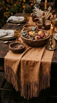 17 Boho Eclectic Centerpiece for Thanksgiving 12 12. A Fringed Leather Table Runner Beneath Carved Wooden Bowls