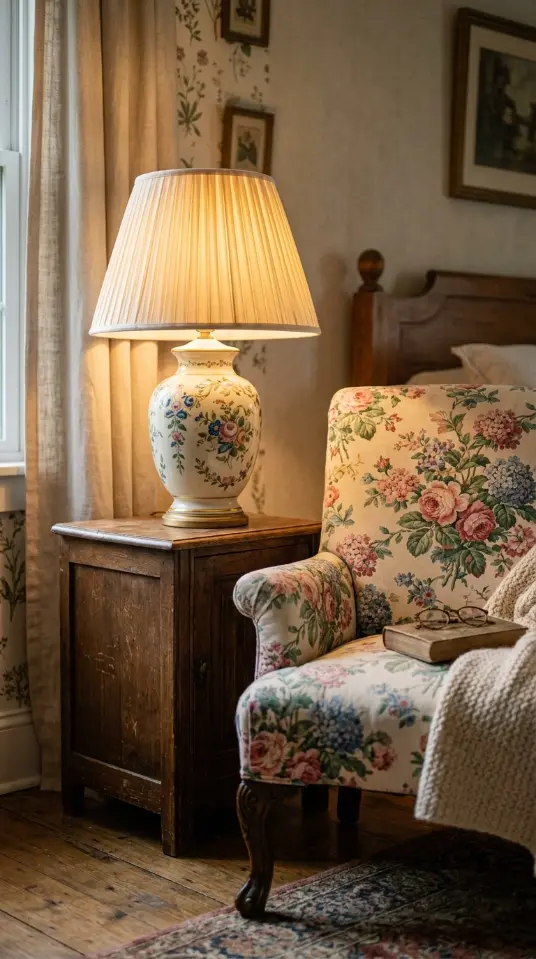 19 Reading Chair in Bedroom Vintage Floral Slipper Corner 12 12. A Porcelain Lamp With a Pleated Fabric Shade