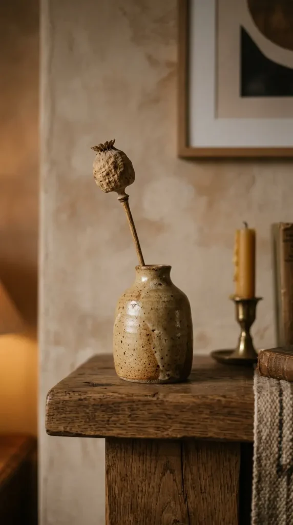 18 Collected Fall Mantel Styling Ideas That Feel Easy 12 12. A Small Stoneware Vase Holding a Single Dried Poppy Pod