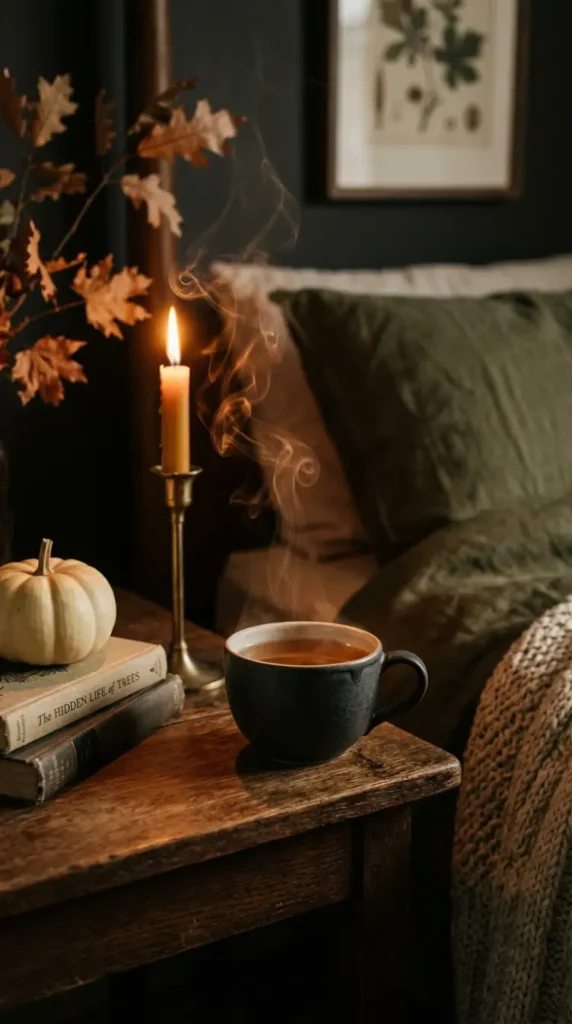 15 Small Space Fall Decorating Ideas Bedroom Corner Style 12 12. A Steaming Teacup on the Bedside as a Seasonal Signal