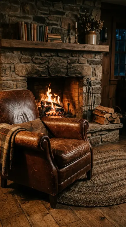 16 Moody Fall Fireplace Ideas for a Cozy Sanctuary 12 12. A Worn Leather Armchair Pulled Close Enough to Feel the Heat