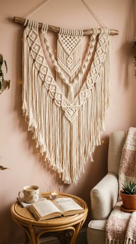 16 Cozy Reading Corners Whimsical Blush Fairy Lights 12 12. A Woven Macrame Wall Hanging