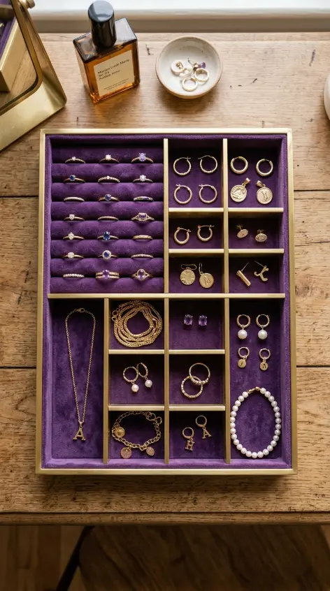 17 Jewel Tone Vanity Styling Ideas With Rich Color 12 12. Amethyst Purple Velvet Jewelry Tray With Divided Sections