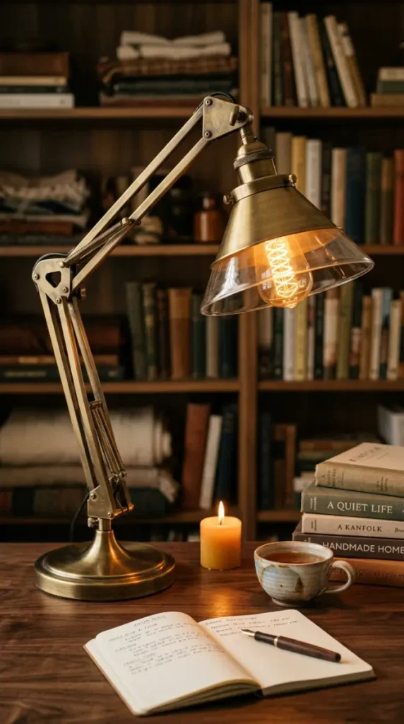 18 Cozy Office Aesthetic Candlelight Bookshelf Warm Style 12 12. An Aged Brass Desk Lamp With Edison Bulb