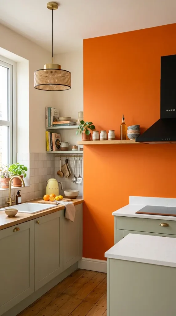 18 Dopamine Kitchen Ideas for a Bold Colorful Space 12 12. Bright Accent Wall in Citrus Orange