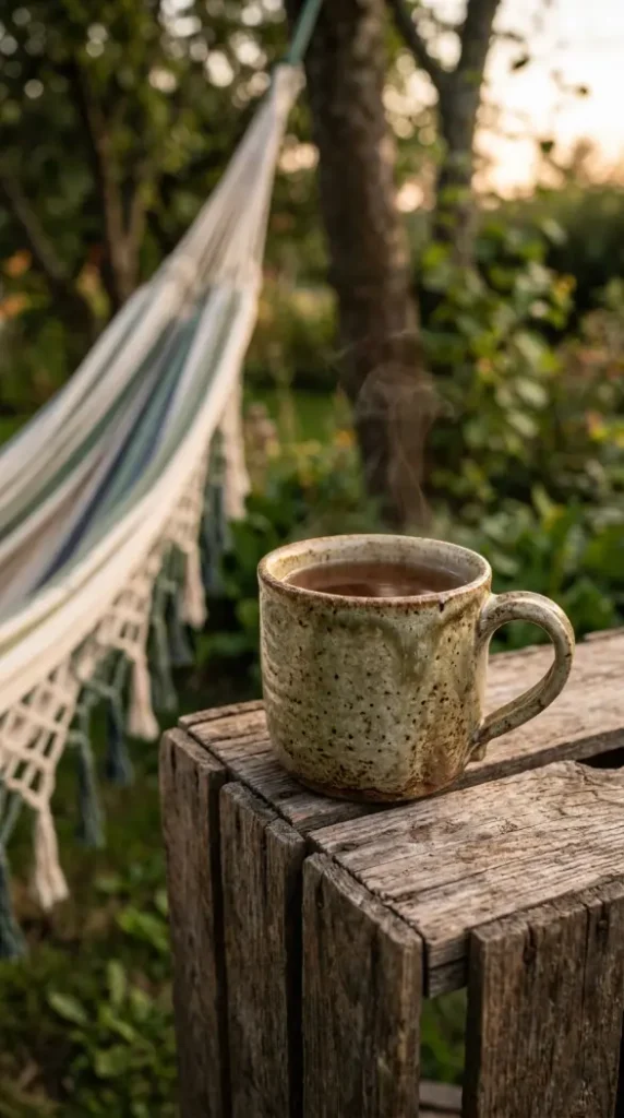 17 Summer Cottagecore Hammock Sitting Area Dusk Glow 12 12. Ceramic Mug of Herbal Tea