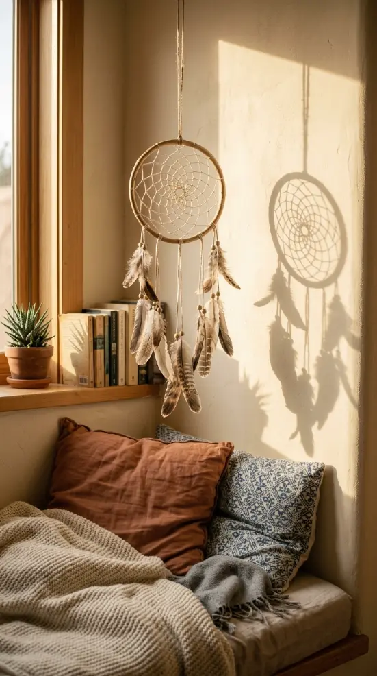 17 Golden Hour Bedroom Aesthetic Boho Floor Cushion Nook Ideas 12 12. Dreamcatcher Hung Above the Nook