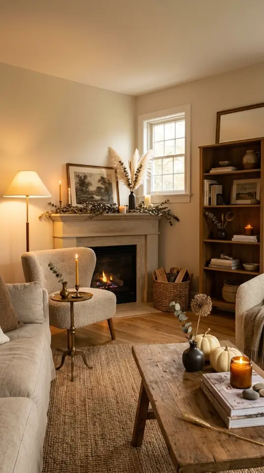 14 Fall Home Decor Ideas Warm Neutral Living Room Style 12 12. Dried Eucalyptus and Wheat as Room-Wide Botanical Accents