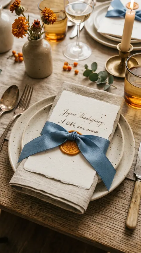13 Blue and Orange Thanksgiving Table Ideas to Save 12 12. French Country Ribbon Ties and Marigold Wax Seals