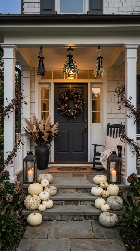 12 Neutral Halloween Decor Ideas for a Chic Front Porch 12 12. Full Neutral Halloween Porch — Complete Composition at Dusk