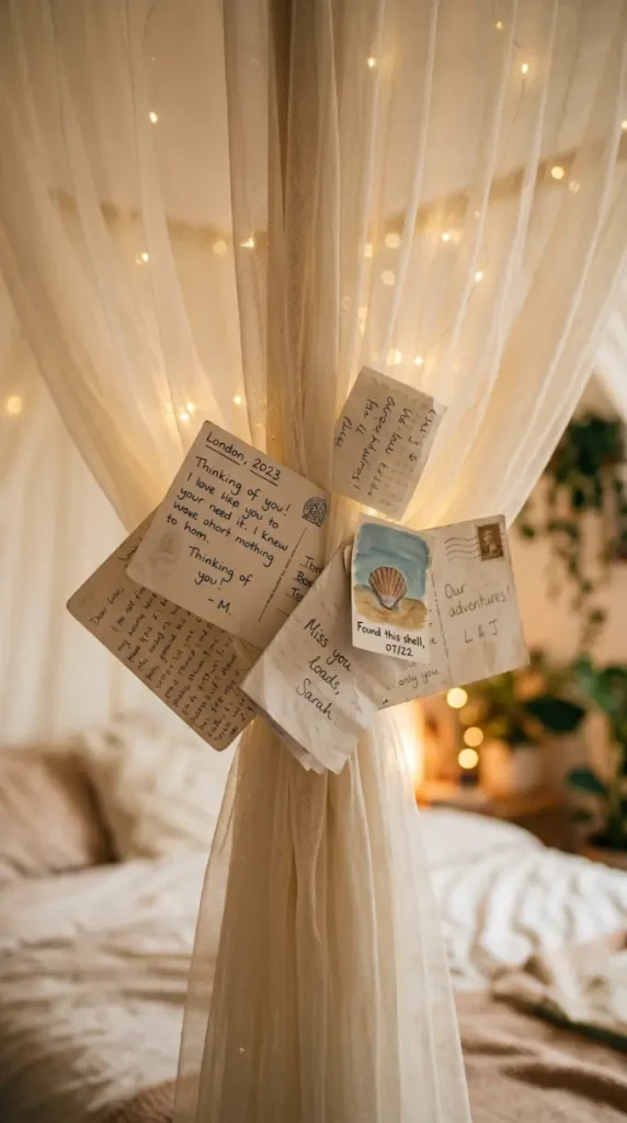 15 Romanticizing My Room Small Space Fairy Light Canopy Ideas 12 12. Handwritten Notes and Postcards Tucked Into the Canopy Fabric
