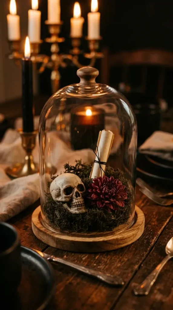 15 DIY Halloween Centerpieces Gothic Candelabra Dinner Table Look 12 12. Make a Glass Cloche Terror Jar as a Centerpiece Side Display